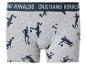 Boxers gris avec imprimé footballeurs et ceinture avec texte.