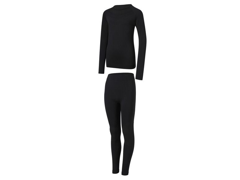 Un ensemble de sous-vêtements thermiques noir : haut à manches longues et leggings.