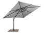 Un parasol gris avec un cadre en acier et un socle carré.