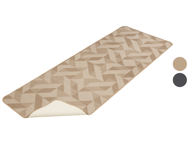 Tapis d'escalier beige à motif géométrique, montrant son envers antidérapant.