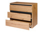 Une commode en bois avec trois tiroirs, dont un est ouvert.