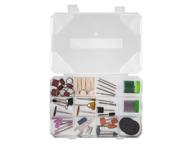 Ensemble d'accessoires pour outils rotatifs dans une boîte transparente.