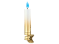 Bougie LED dorée et blanche avec flamme bleue et base à pince.