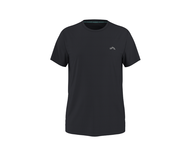 T-shirt de sport noir à manches courtes avec un petit logo sur la poitrine.