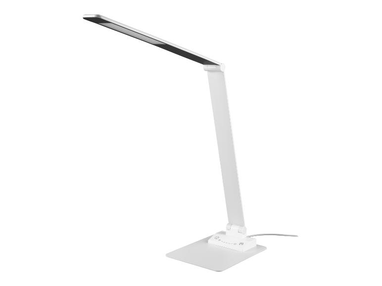 Lampe de bureau LED blanche moderne avec bras réglable et base tactile.