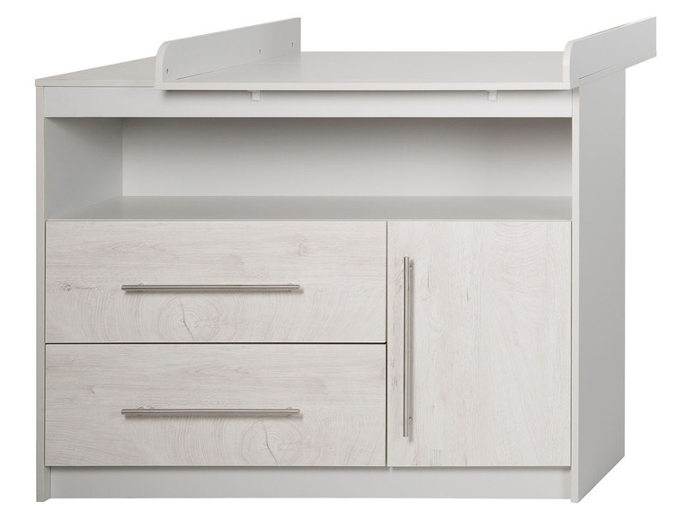 Commode blanche avec plan à langer et deux tiroirs.