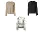 Trois pulls à manches longues : un beige, un noir et un rayé noir et blanc.