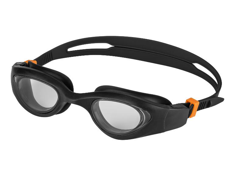 Lunettes de natation noires avec des accents orange.