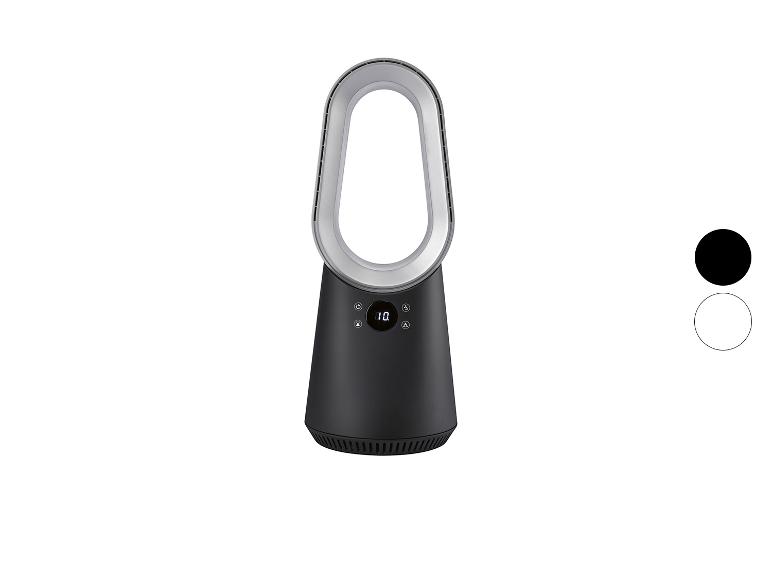 Ventilateur tour sans pales noir avec écran numérique et détails argentés.
