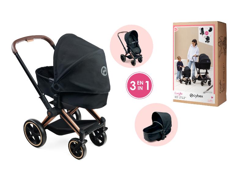 Poussette Cybex Corolle 3 en 1 : nacelle, siège sport et coque auto.