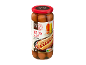 Bocal en verre de six saucisses fumées pour hot-dog, avec un hot-dog et des sauces sur l'étiquette.