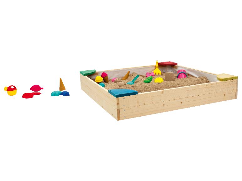 Bac à sable en bois avec jouets de sable colorés