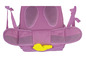 Un sac à dos rose avec des panneaux en maille et une poche jaune.