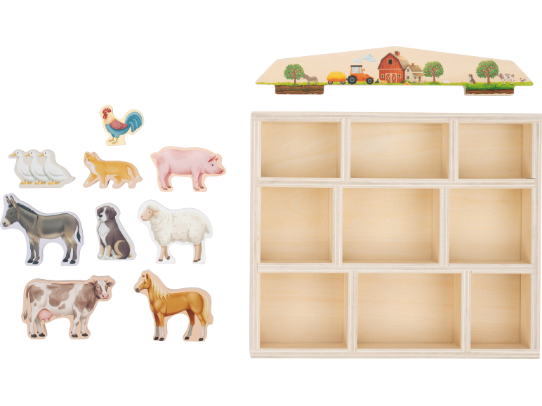 Figurines d'animaux de la ferme en bois et étagère multi-compartiments avec thème de ferme.