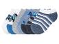 Lot de chaussettes pour garçon : motifs véhicules, rayures et unis, tons bleus.