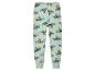 Pantalon vert clair avec un imprimé de dinosaures dans des voitures de course.