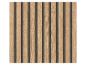 Panneaux muraux à lattes en bois avec des bandes alternées de bois clair et de texture foncée.