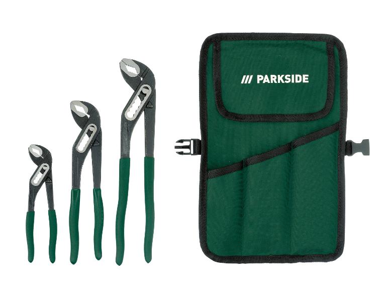Ensemble de trois clés à molette Parkside et une pochette de rangement verte.