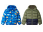 Deux vestes pour enfants avec capuche : une avec un imprimé de dinosaures et une en vert et bleu uni.