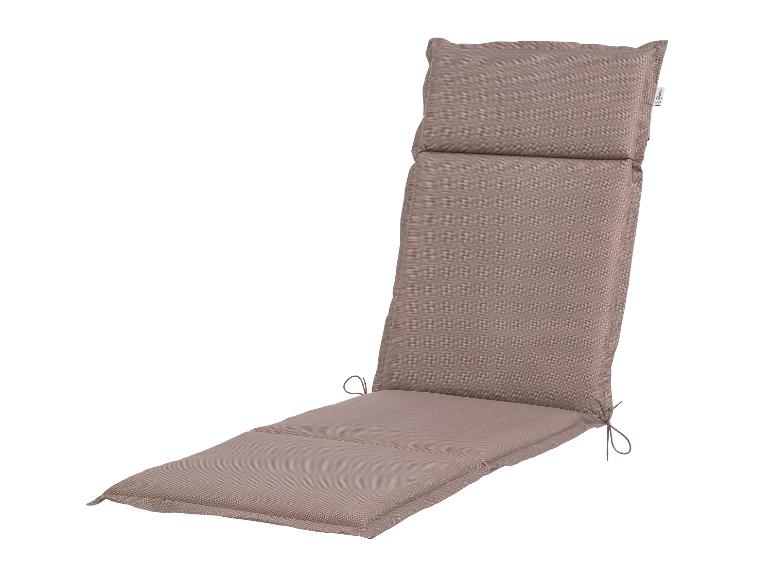 Coussin de transat marron avec attaches et étiquette.