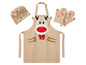 Tablier de cuisine de Noël avec motif de renne, maniques et toque de chef.