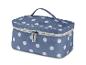 Une trousse de toilette bleue à pois blancs avec le logo Topmove.