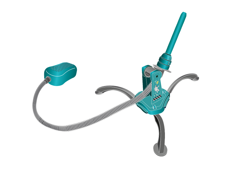 Un aspirateur jouet turquoise sur le thème de l'espace.