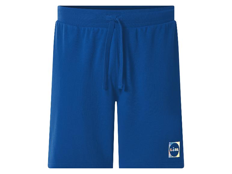 Short de sport bleu avec cordon de serrage à la taille et petit logo irisé.