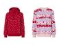 Un sweat à capuche rouge avec des flocons de neige et un sweat rose à motif de Noël.