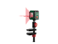 Niveau laser vert avec réticule rouge, monté sur une pince noire et rouge.