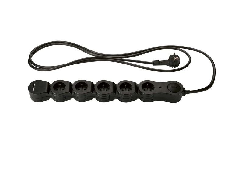 Une multiprise noire avec 4 prises de courant et 2 ports USB.