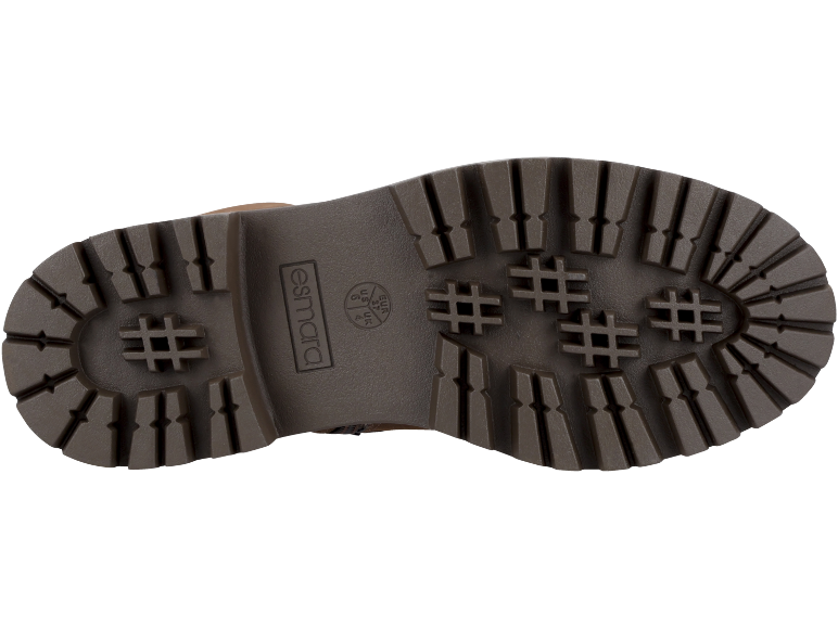 Semelle de botte marron avec bande de roulement, marque et tailles EUR 37, US 6, UK 4.
