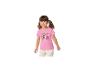 Fille souriante en t-shirt rose avec un chien de dessin animé et le texte 'One of a KIND'