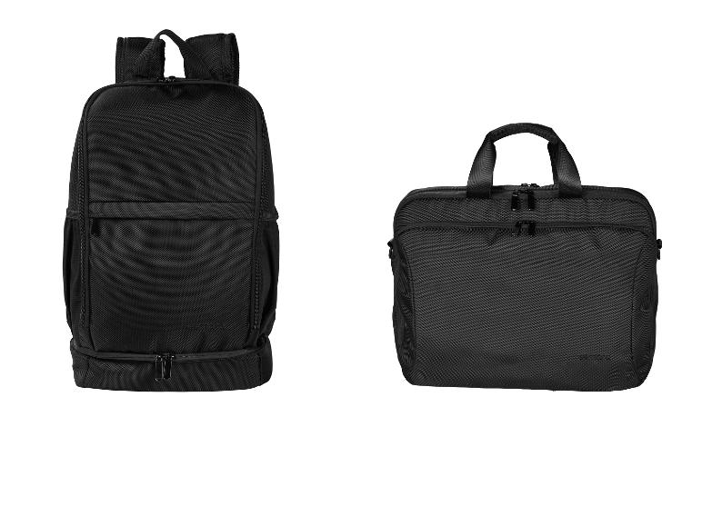 Sac à dos noir et sacoche pour ordinateur portable sur fond blanc