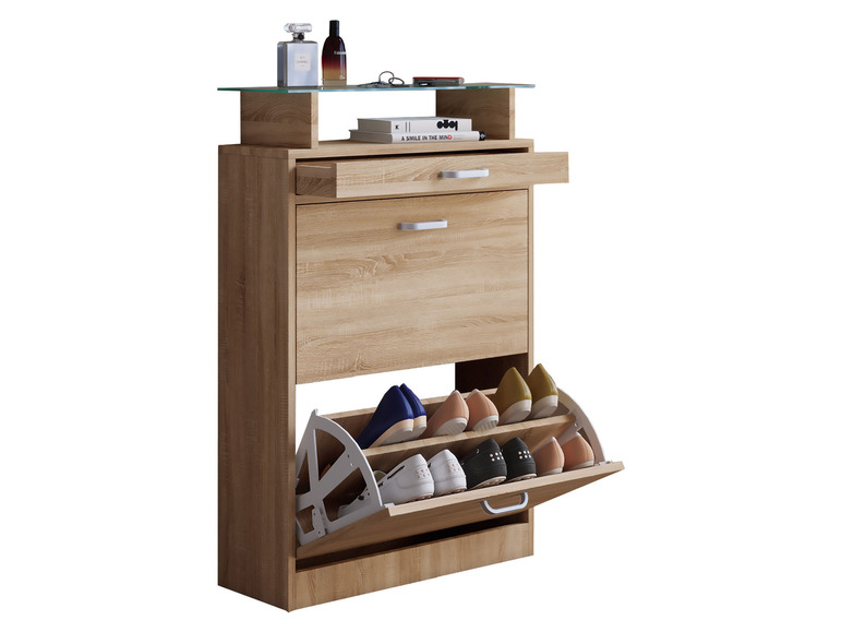 Une étagère à chaussures en bois avec un plateau en verre, un tiroir et une porte coulissante