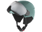 Casque de ski turquoise avec visière intégrée et jugulaire