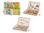 Jouets éducatifs en bois : tablettes d'activités avec fermetures, tableaux magnétiques avec lettres et nombres.