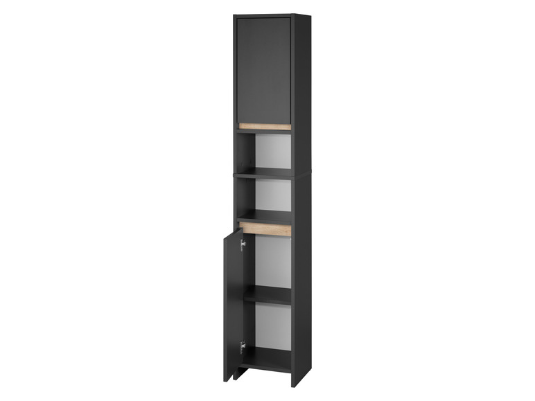 Une armoire de salle de bain noire avec des étagères ouvertes et fermées.