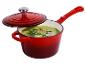 Casserole en fonte rouge avec couvercle et soupe verte