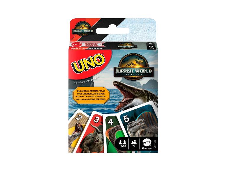 Jeu de cartes UNO Jurassic World Rebirth sur le thème des dinosaures.