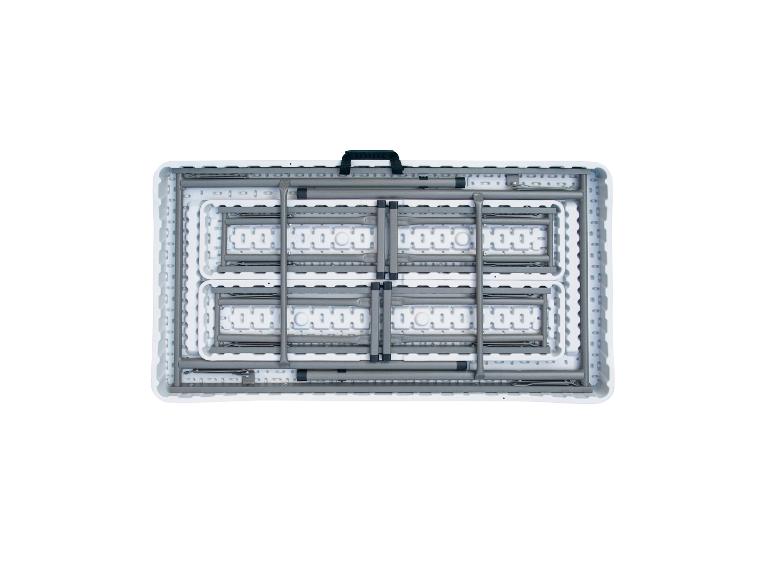 Table pliante blanche avec cadre métallique, pliée pour un transport facile