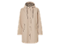 Imperméable beige à capuche avec imprimé léopard.