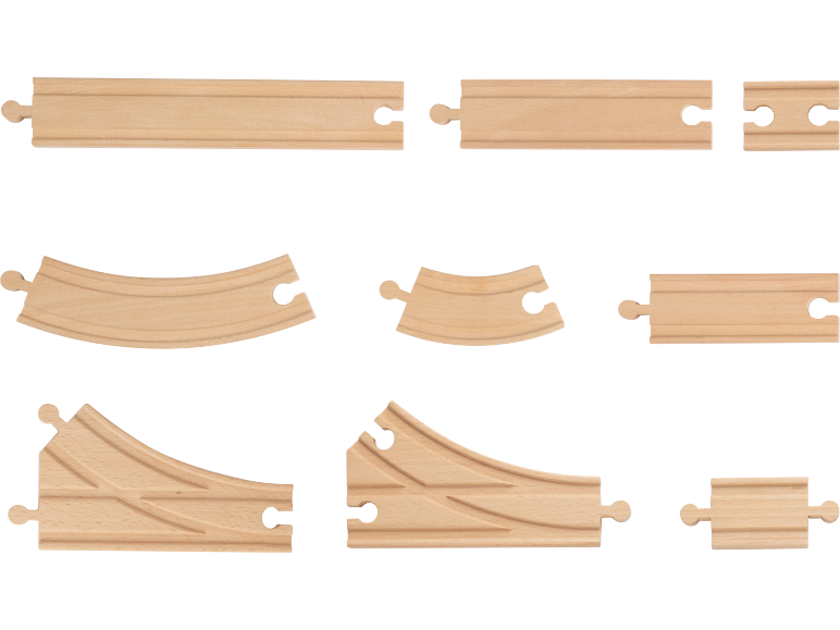 Assortiment de rails de train en bois pour jouets, droits et courbes.
