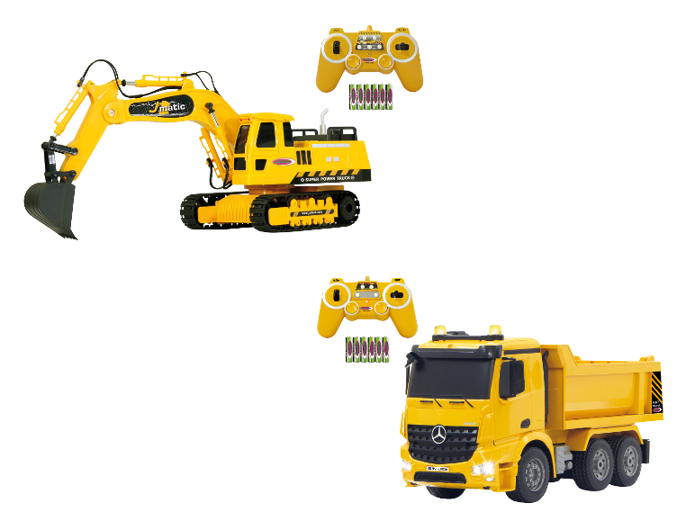 Véhicules de chantier RC JAMARA : pelleteuse jaune et camion-benne avec télécommandes