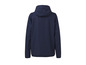 Une veste coupe-vent bleu marine à capuche.