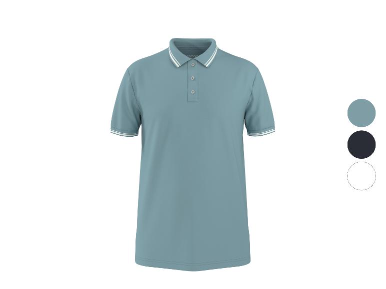 Polo bleu à manches courtes avec col et poignets rayés blancs, avec options de couleur.