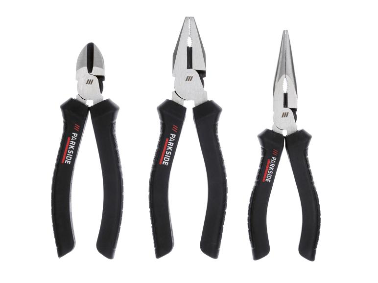 Trois pinces Parkside : une pince coupante, une pince plate et une pince ronde.