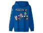 Sweat-shirt à capuche bleu Super Mario avec des imprimés sur les manches.