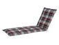 Un long coussin d'assise à carreaux rouge, blanc et gris