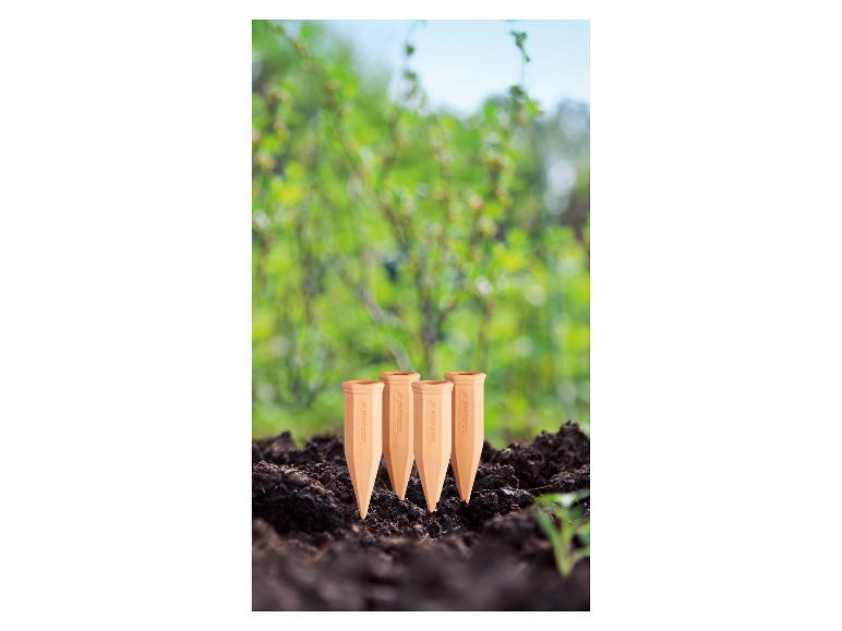 Pointes d'arrosage pour plantes dans le sol, avec un fond vert flou.